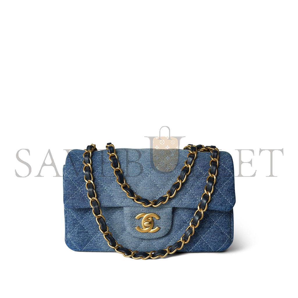 CHANEL 24S BLUE DENIM QUILTED MINI RECTANGULAR FLAP AS6990 (20*12*7cm)